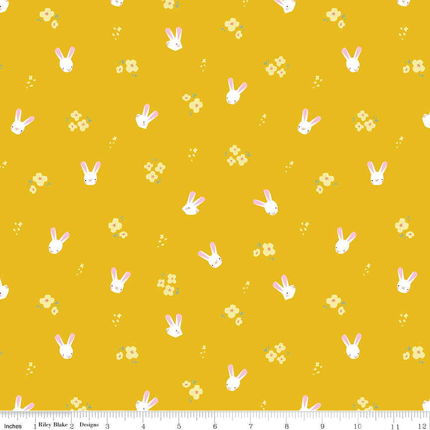 Mustard Easter Egg Hunt Bunnies - Fabric by the Yard