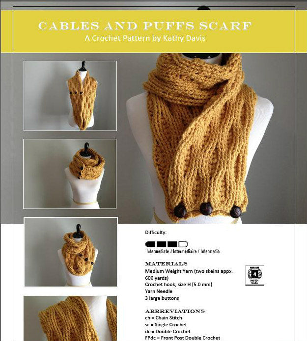 Crochet Pattern-Cable and Puffs Scarf - Digital Download